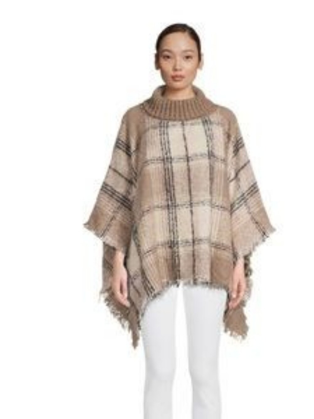 World Market Soft Furry Poncho Shawl Plaid Autumn Academia Fringe Warm Layering